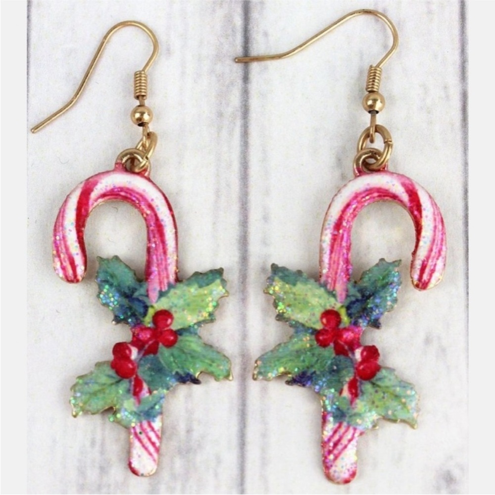 Sparkle Candy Cane & Holly Christmas Earrings
